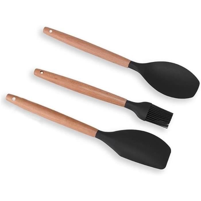 Spatule en silicone manche en bois – Lot de 3 ustensiles de cuisine  antiadhésifs pour la cuisson et la cuisine, grattoir en silicone résistant  à la chaleur avec manche en bambou 