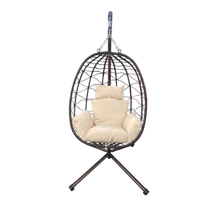 fauteuil suspendu de jardin, chaise balançoire hamac pour extérieur, structure en métal, coussin rembourré et appuie-tête, marron