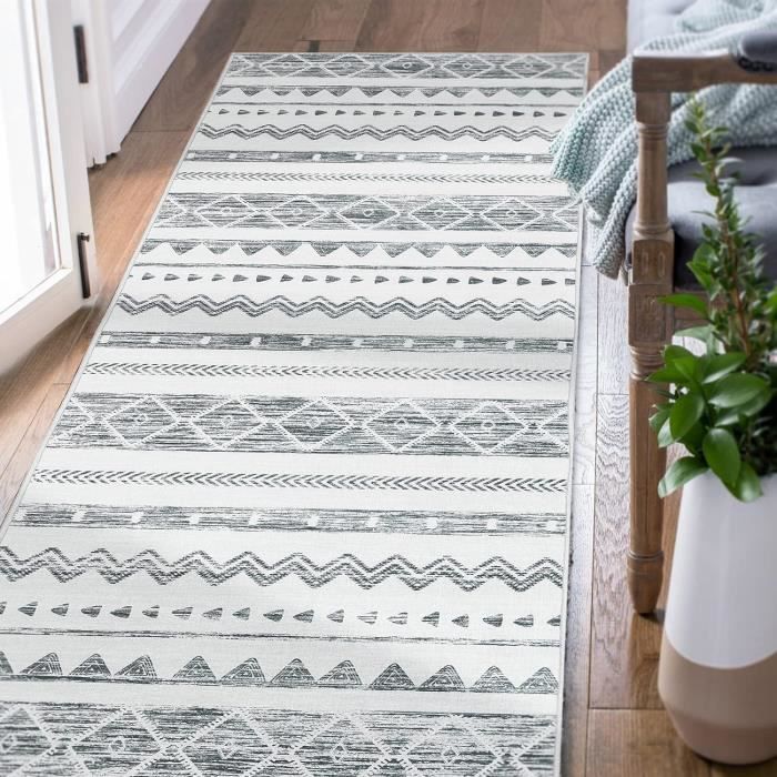 Tapis De Couloir ZUZEKU 120x180cm - Lavable Antidérapant - Gris Noir Rouge - Polyester 6mm - Moderne