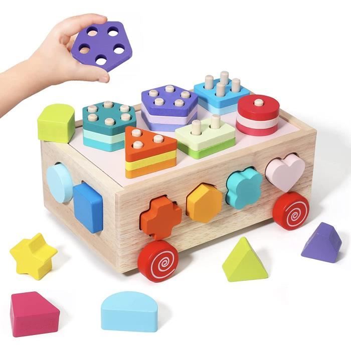 Jouet en bois Montessori pour bébé à partir de 1 an, cube à emboîter, jeu  de motricité, jouet pour bébé à partir de 6 à 12 mois, jouet éducatif,  cadeau pour garçons