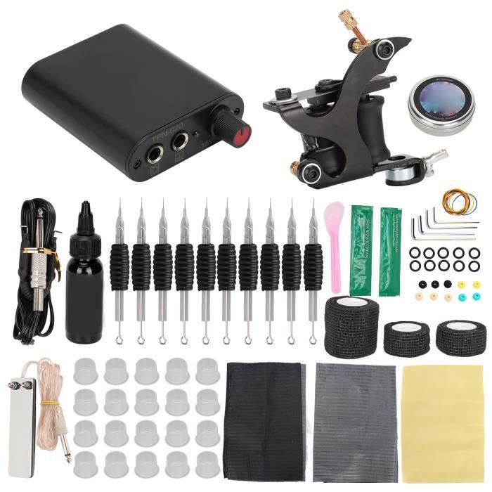 Kit Machine à Tatouer Rotative Débutant/Pro - Avec Encre, Aiguilles, Peau D'Entraînement (Noir)