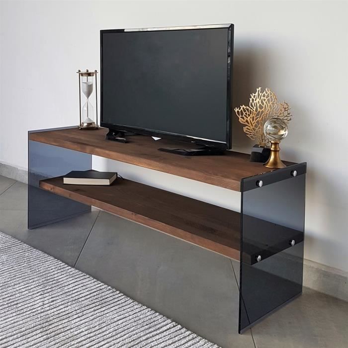meuble tv - emob - locelso - bois massif - cadre en verre trempé - blanc et brun