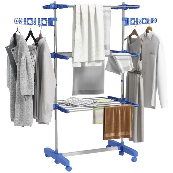 Séchoir à linge - HOMCOM - étendoir pliable ailes latérales intérieur extérieur 3 niveaux - acier - 142x55x152cm - bleu