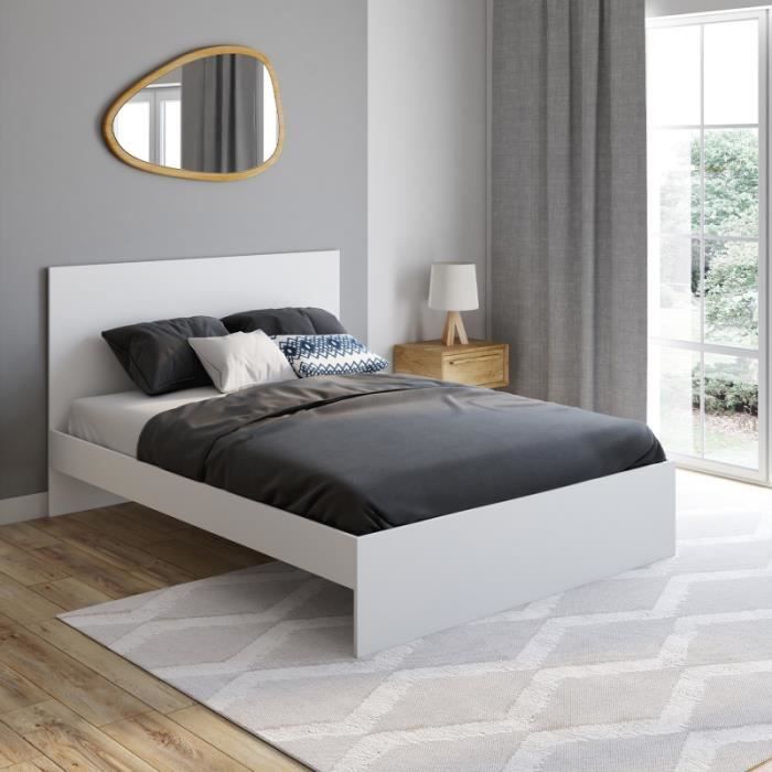 idmarket lit double omaha avec tête de lit et sommier 140 x 190 cm blanc