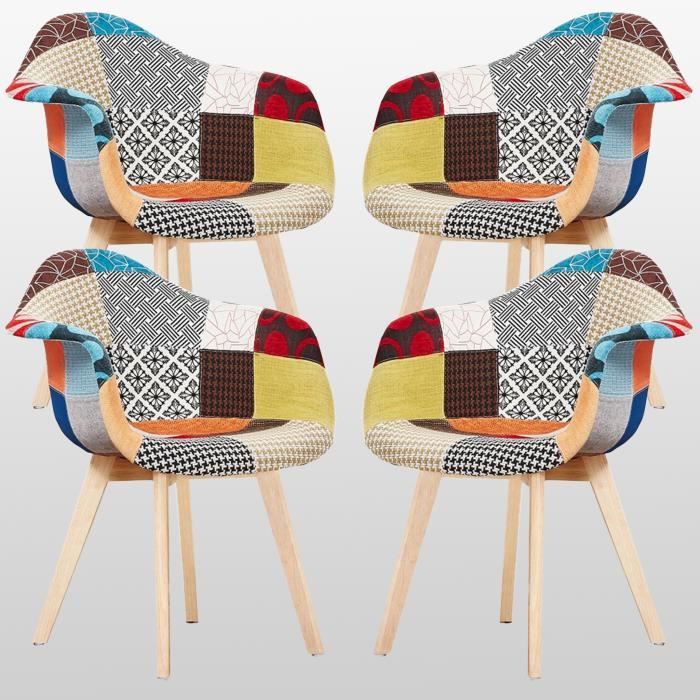lot de 4 chaises en tissu patchwork - design scandinave - accoudoirs - salle à manger, salon, bureau - style rétro