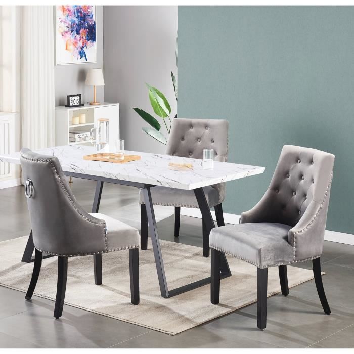 table a manger effet marbre 4 chaises en velours gris fonce style design contemporain table extensible 140 180cm cdiscount maison