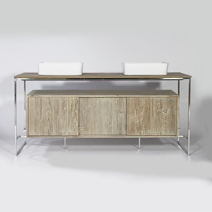 Meuble Salle De Bain 2 Vasques Vieux Bois Beton Parkano Bois Blanchi Achat Vente Salle De Bain Complete Meuble