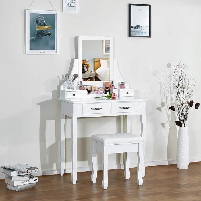 coiffeuse - meerveil - table de maquillage miroir tournable en mdf avec organisateur de maquillage mobile