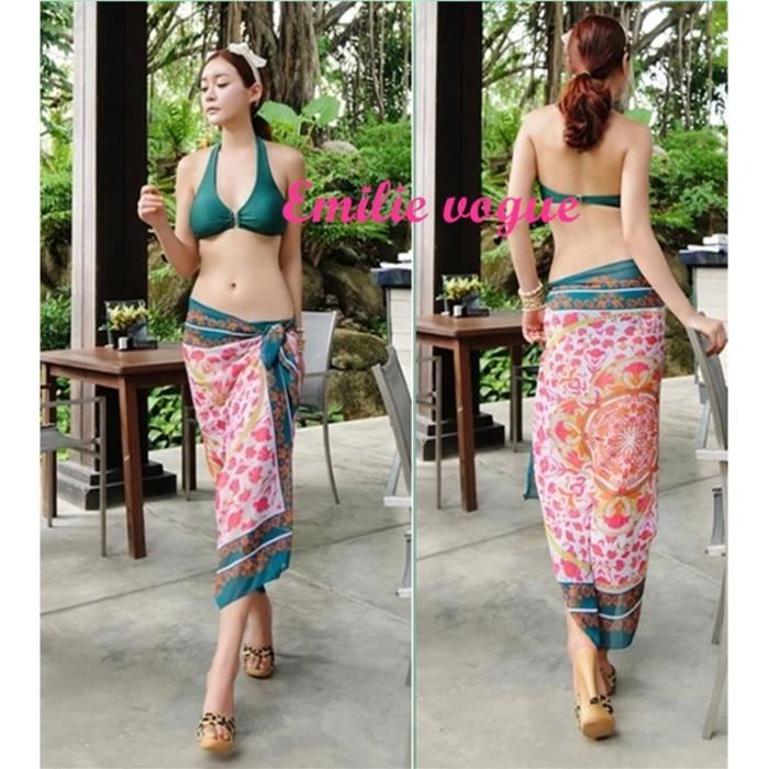 Paréo Plage Femme Serviette de Plage Sarong Drap Pareo fleur bleu noir