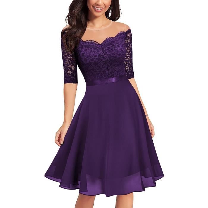 Robe Femme Chic Mousseline Dentelle Violet GOGUQ