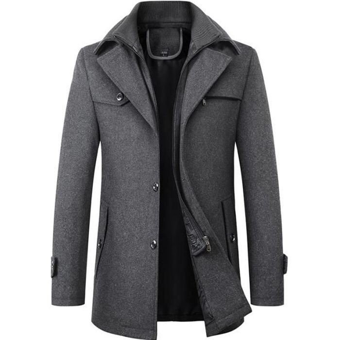 Manteau Homme Pardessus Laine Mi-long Caban Veste Chaud Gris