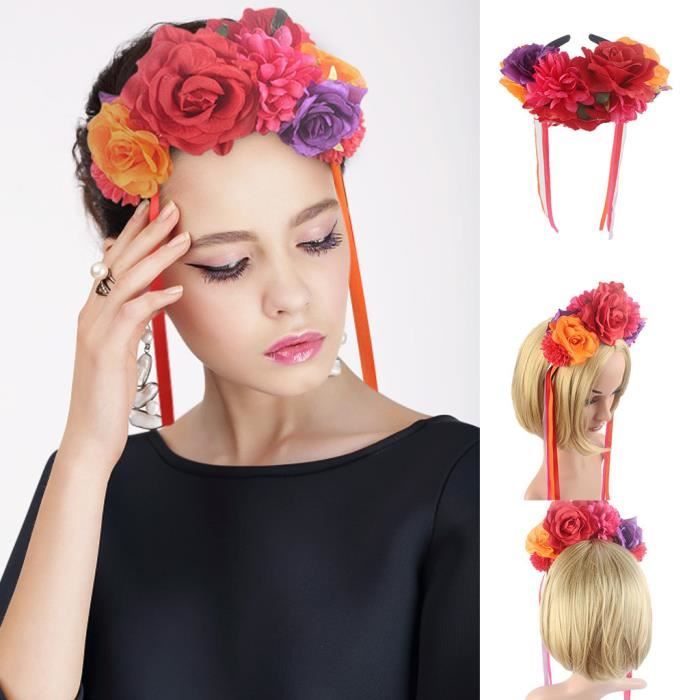 Bandeau De Fleurs Roses Et Crânes – Couronne Halloween Vintage – Rouge, 15x12 Cm – Pour Mariage, Cosplay, Carnaval, Fête