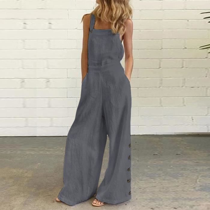 Combinaison ample pour femmes pantalon a bretelles decontractees jambe large boutons solides salopette gris Gris Cdiscount Pret a Porter