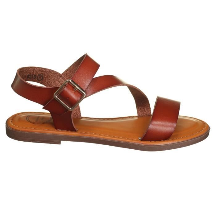 Sandales plates femme Leader Mode 8019 Marron Bride a l avant et croisee Marron Cdiscount Chaussures