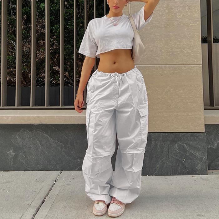 Pantalon Cargo Ample Femme Pantalon Decontracte a Taille Basse Pantalon de Jogging Hippie Pantalon Blanc Blanc Cdiscount Pret a Porter