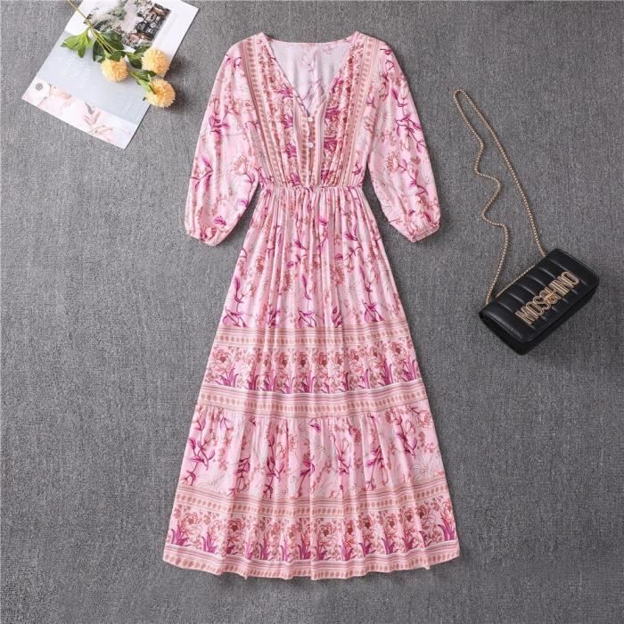 Robe longue trapèze taille haute en soie de coton bohème Rose Rose