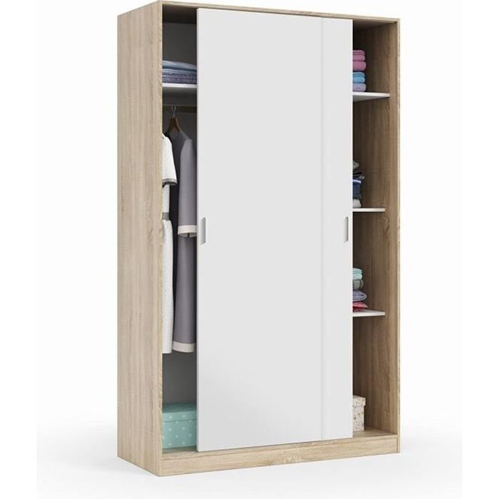 Armoire de 2 portes coulissantes coloris blanc - chêne canadien - 120 cm (longueur) x 200 cm (hauteur) x 50 cm (profondeur) Armoire de 2 portes coulissantes coloris blanc - chêne canadien - 120 cm (longueur) x 200 cm (hauteur) x 50 cm (profondeur)