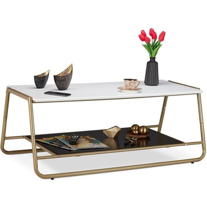 relaxdays table de sofa avec pieds métalliques, dorés, 2 plateaux, décorative, table de salon, hlp 42x110x55 cm,blanche