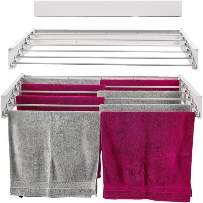 JUPPLIES Étendoir Mural Rétractable 140cm - Séchoir à Linge Pliable 5 Barres INOX Avec Pinces