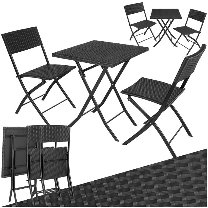 Salon de jardin - TECTAKE - Ensemble dextérieur balcon TREVI 2 personnes pliable et résistant aux UVs en résine tressée - Noir