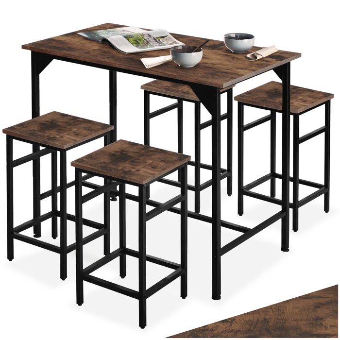 Table haute - TECTAKE - Ensemble de bar EDINBURGH au style industiel en bois en acier avec table et 4 tabourets - Bois foncé