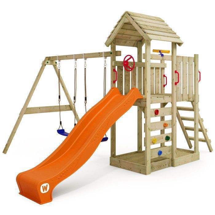 Aire de jeux bois WICKEY MultiFlyer avec toit en bois double balançoire et toboggan 220 cm orange – 10 ans de garantie*