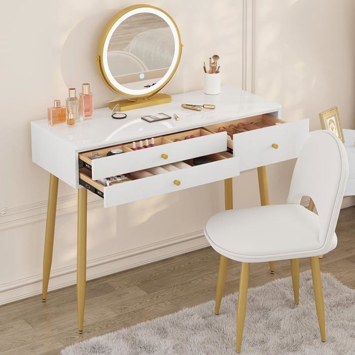 WOLTU Coiffeuse avec Miroir LED Réglable et Chaise en Velours Table de Maquillage avec 3 Tiroirs Crème+Or W0ETT0047