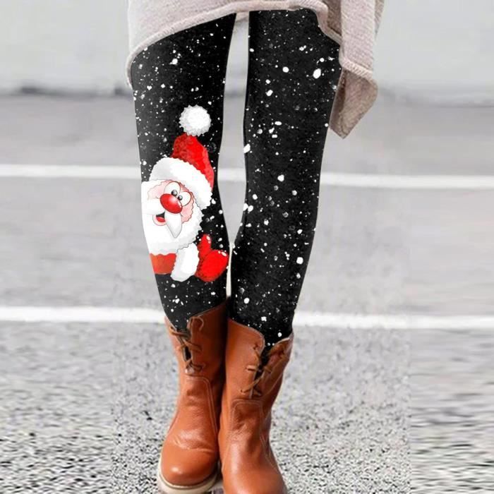 Femmes Pantalons Noël Imprimé Élastique Collants d'hiver pour Femme Motif  de Noël Slim Casual Leggings Chauds Hiver Noire