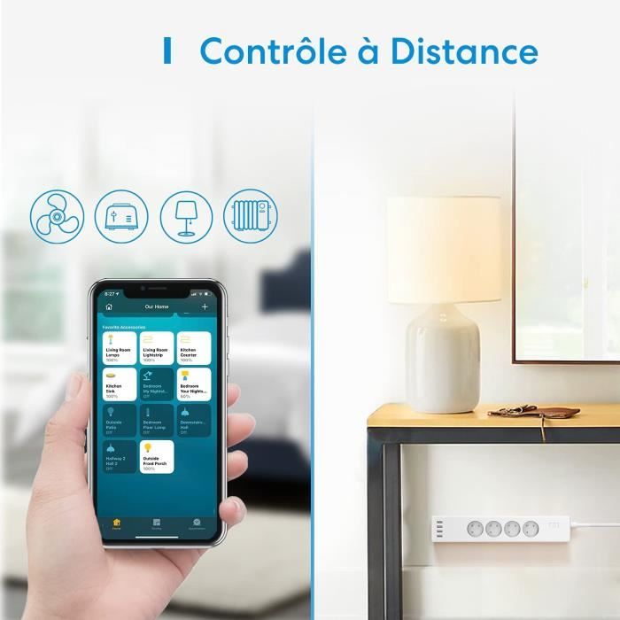 Multiprise Connectée (Type E), 16A Multiprise WiFi Compatible avec Alexa,  Google Home et SmartThings, Multiprise Programmable (4 Prises AC et 4 Ports  USB) avec Fonction du Temps et Contrôle à Distance 