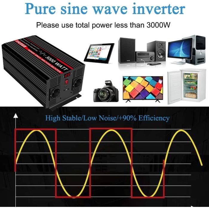 Convertisseur 12V 220V 3000W Pur Sinus - Puissance Crête 6000W, écran LCD, Télécommande, Pour Voiture/camping