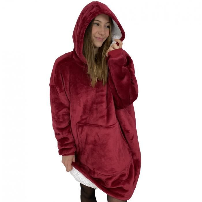 Sweat Plaid Rouge Bordeaux Pull Plaid Polaire Capuche Couverture