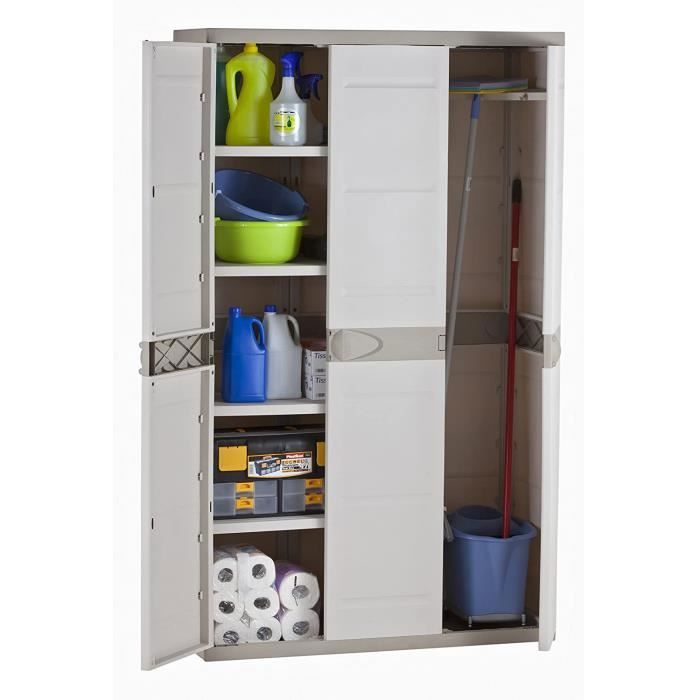Armoire meuble de rangement 3 portes intérieur-extérieur coloris beige ...