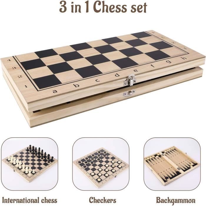 Haofy Jeu d'échecs Pliant en Bois 3 en 1, Jeu de société, Dames, Backgammon, 29,3 X 29 Cm, fabriqué à la Main, Design de Rangement Portable pour Enfants, Adultes, Voyage à la