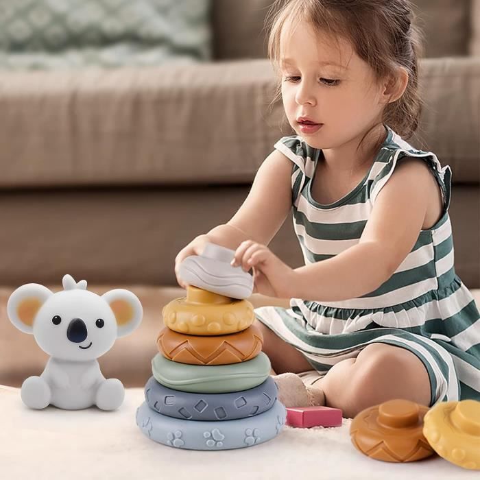Jouet Empilable 7 Pièces Pour Bébé - Anneaux Colorés + Koala - Silicone Alimentaire - Montessori 6-18 Mois - Stimule Motricité Et Sens - 8