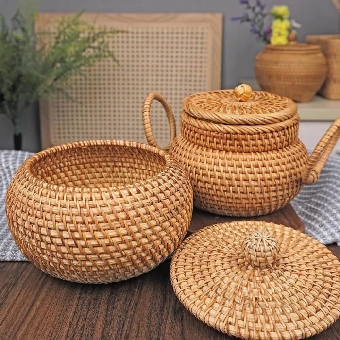 Panier Rond En Rotin Avec Couvercle, Panier De Rangement En Rotin