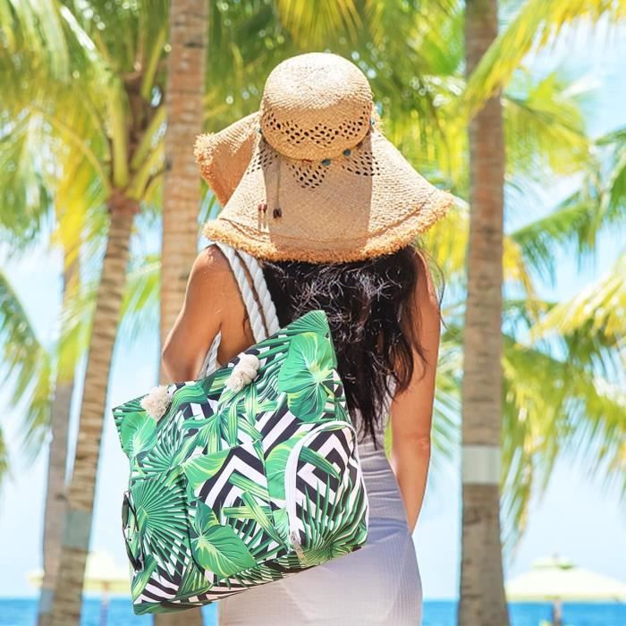 Sac De Plage En Toile Famille 30L Grand Sac De Plage The Tote Bag Pour Plage Voyage Piscine Shopping Avec Fermeture Eclair u436 Feuilles Cdiscount Bagagerie Maroquinerie