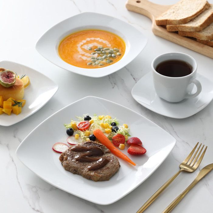 4 Assiettes Plates En Porcelaine Carrée - Collection Julia.L Caractère, Multicolore, Fabriqué En France