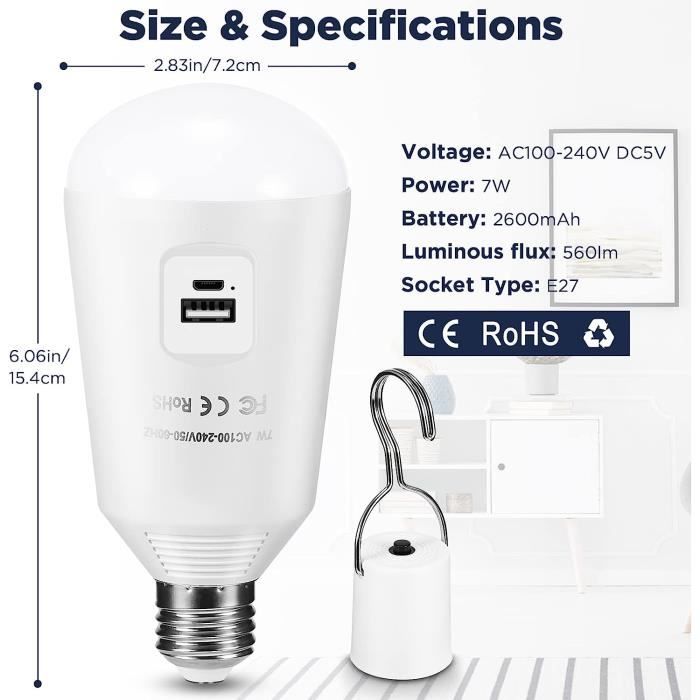 Aipsun 2 Pieces Ampoule Rechargeable avec Batterie, 2700K-6000K Ampoule LED  Dimmable avec Télécommande E27 pour Lampe Non-Filaire, 500LM, 7W :  : Luminaires et Éclairage