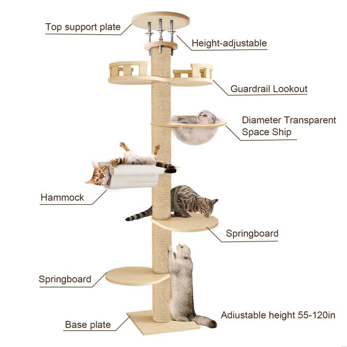 Arbre à Chat Hauteur Réglable GYMAX - 236 à 271 Cm - 5 Niveaux Avec Hamac Et Griffoir - Pour Intérieur