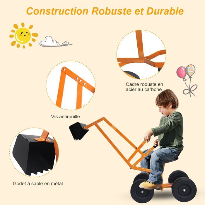 Pelle Excavatrice GOPLUS Pour Sable – Siège Pivotant 360°, 4 Roues, Pour Enfants De 4 à 12 Ans (orange)