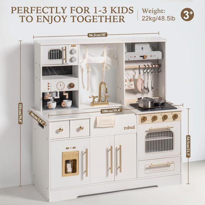 ROBOTIME Cuisine En Bois Rétro Vintage Verte Pour Enfants – Micro-ondes, Distributeur De Glaçons, Casier Rotin & Ustensiles Réalistes – Jouet Éducatif 3-8 Ans