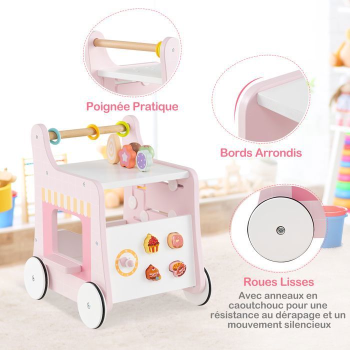DREAMADE Chariot à Glaces En Bois Pour Enfants – Stand De Marchand Avec Roues, Auvent, Accessoires Inclus (dès 3 Ans)
