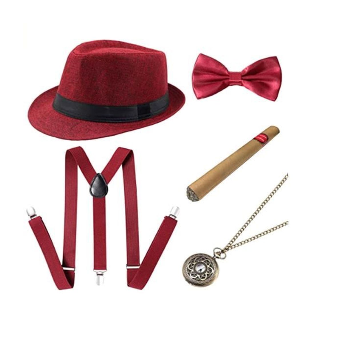 chapeau et faux cigare Disponible en blanc LS Glamour Déguisement de gangster des années 1920 avec bretelles noir rouge et noir cravate Taille unique 