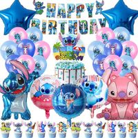 Décoration de gâteau d'anniversaire Stitch comprenant une bannière HAPPY BIRTHDAY, un ballon, une décoration de gâteau