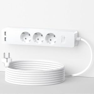 MULTIPRISE Blanc Multiprise Electrique USB, Bloc Multiprise 3 Prises et 2 Ports USB, Cordon de 3 M, avec Support Mural et viss, Interrupteur,