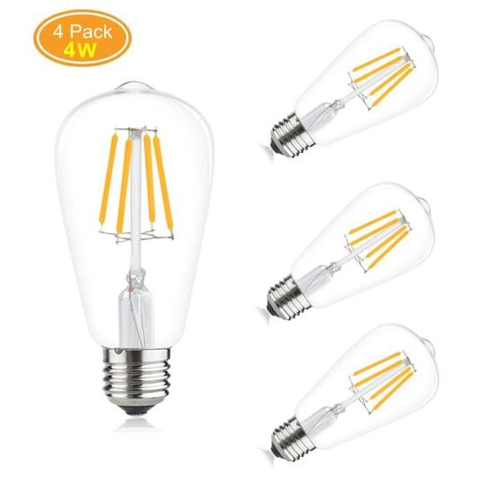 4PCS 4W E27 ST64 Ampoule LED à Filament Vintage, Edison Ampoule Lampe Décorative pour Lustres l'éclairage Intérieur - Blanc Chaud