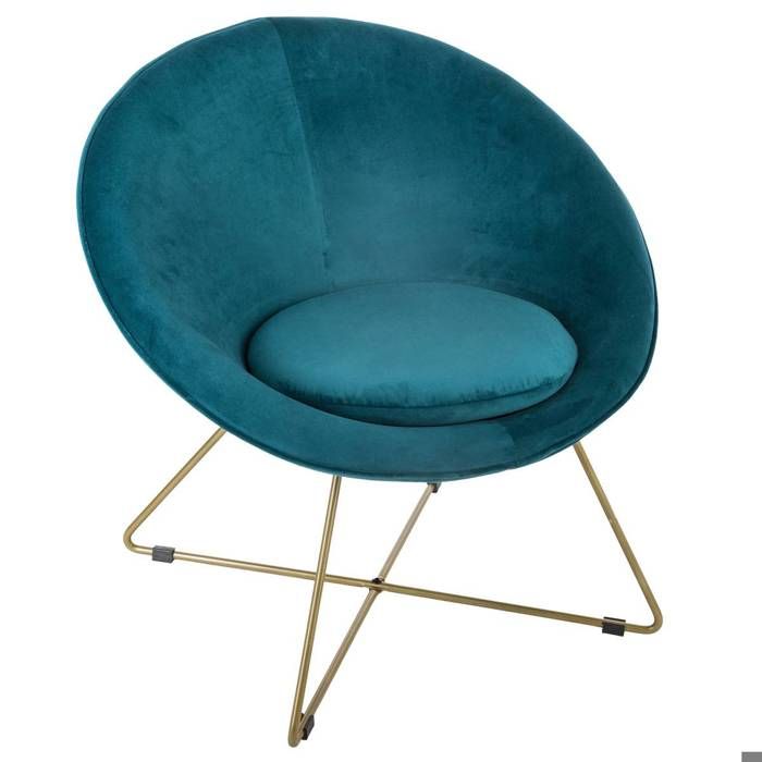ATMOSPHERA Fauteuil en velour bleu canard et pieds métal dorés