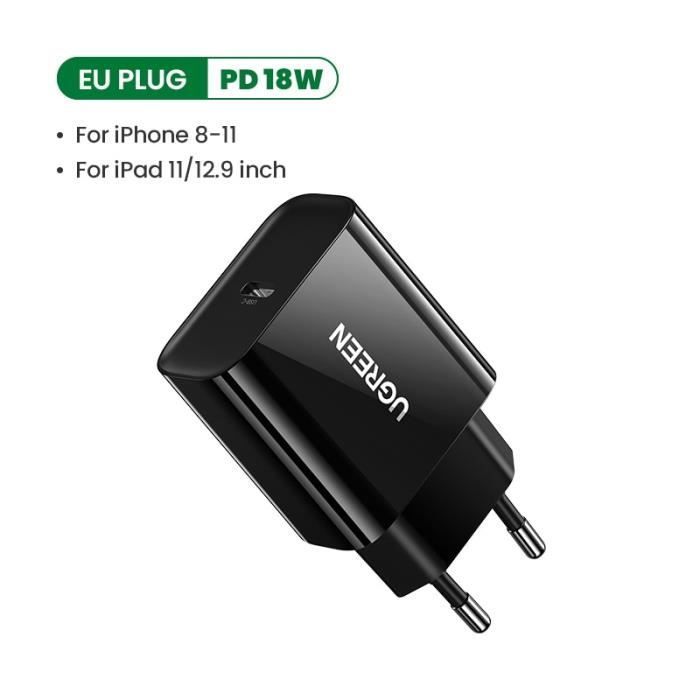 Chargeurs,Ugreen Charge rapide 4.0 3.0 QC PD chargeur 18W QC4.0 QC3.0 USB Type C chargeur rapide pour iPhone 11 - Type EU 18W Black