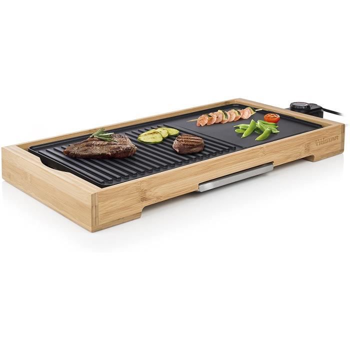 Plancha de table Tristar Bamboo Grill XL BP-2641 noire - 6 personnes - Plaque de cuisson en fonte d'aluminium 51 x 25,4 cm