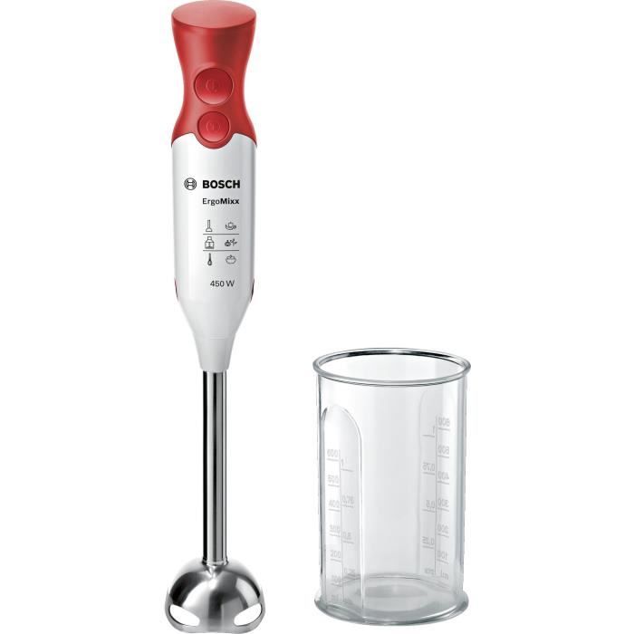BOSCH Mixeur plongeant - 450 Watt - Pied mixeur inox - 4 lames aiguisées - 2 Vitesses - Bol gradué 600 ml - blanc/rouge